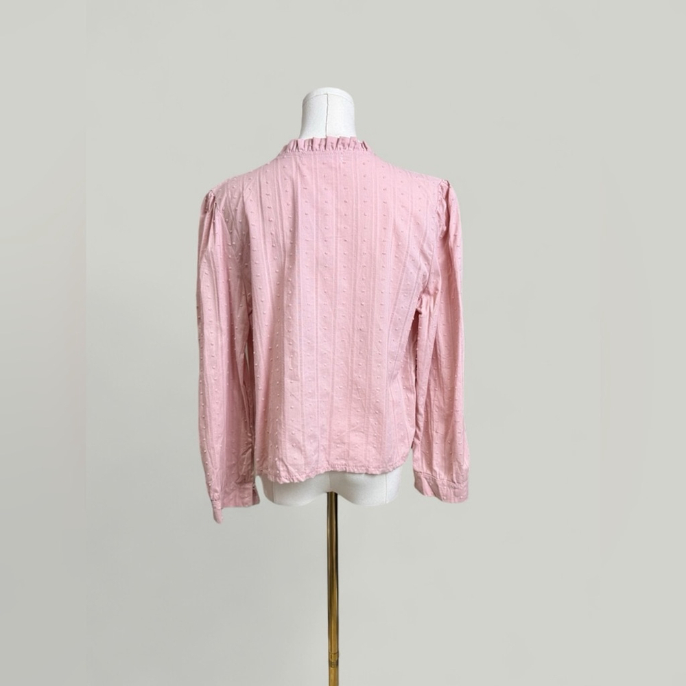 Pink Top Women Size Large Cotton Swiss Dot Pleated Ruffle Round Neckline Long - Picture 4 of 13